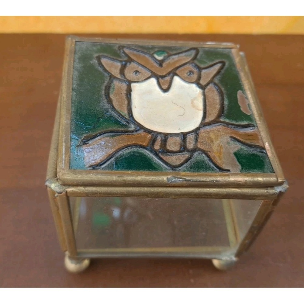 Vintage Retro Owl Stained Glass Trinket Jewelry Treasure Box 70s Decor